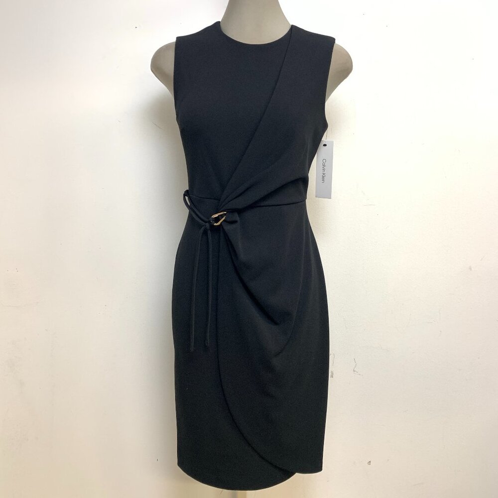 NEW Calvin Klein Elegant Sleeveless Faux Wrap Black Sheath Dress